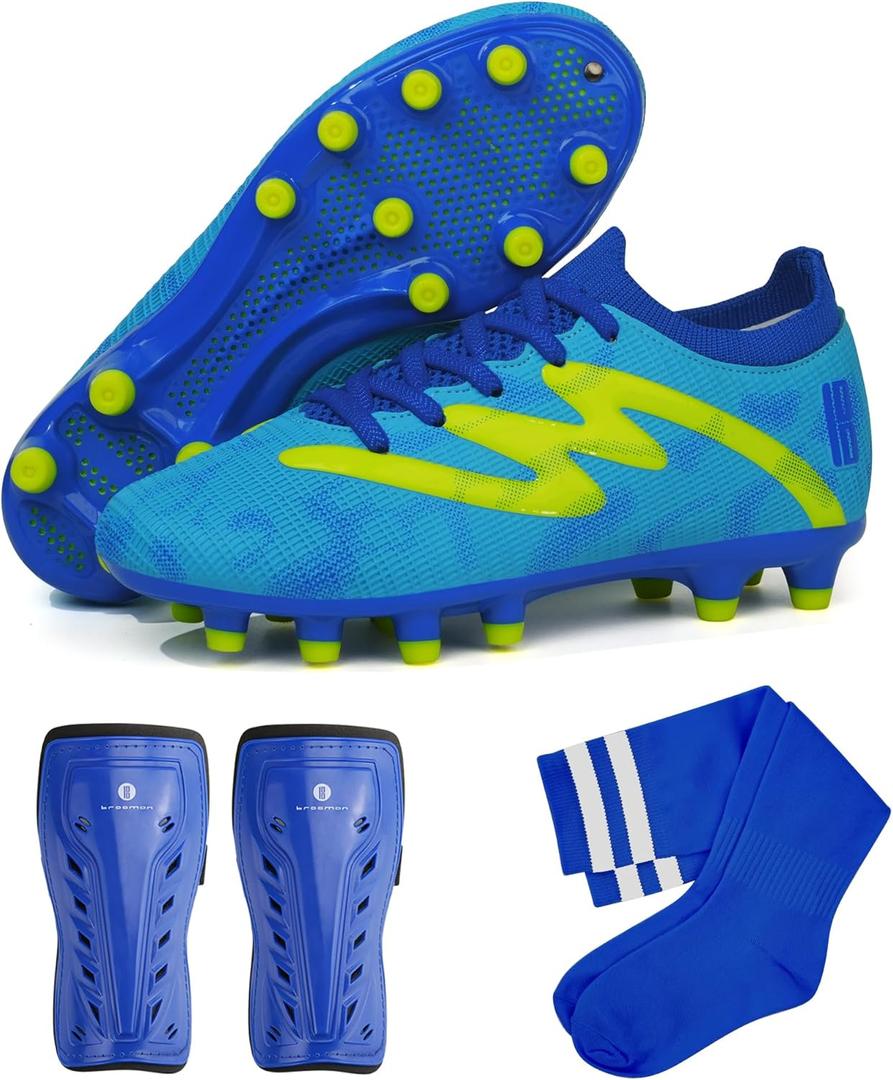 brooman Kids Firm Ground Soccer Cleats Boys Girls Football Shoes with Shin Guards and Soccer Socks (1 Little Kid, Blue)