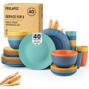 Wheat Straw Dinnerware Set 40 PCS - Service for 8 | Plates and Bowls Sets | Unbreakable Dishes Set - Dinner Plates, Dessert Plate, Cereal Bowls, Drinking Glasses, Dishwasher Safe - Multi