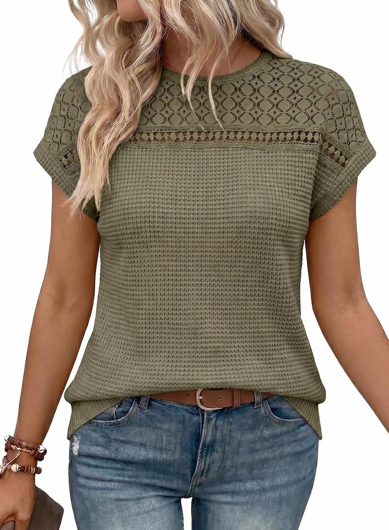 Dokotoo Women's Tops Casual Scoop Neck Short Sleeve Waffle Knit Hollow Out Shirts Loose Tunic Tops Blouses (Green, S)