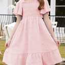 blibean Tween Girls Summer Dress Big Kids Short Sleeve Ruffle Polka Dot Smocked Dresses Party Vestidos para Niñas Size 10-11 Light Pink