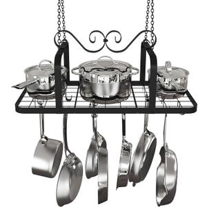 33" Black Pot Rack Hanging, Heavy Duty Metal Ceiling Pot Rack with 15 Hooks, Pot and Pan Hanging Rack Organizer for Kitchen Cookware Utensils