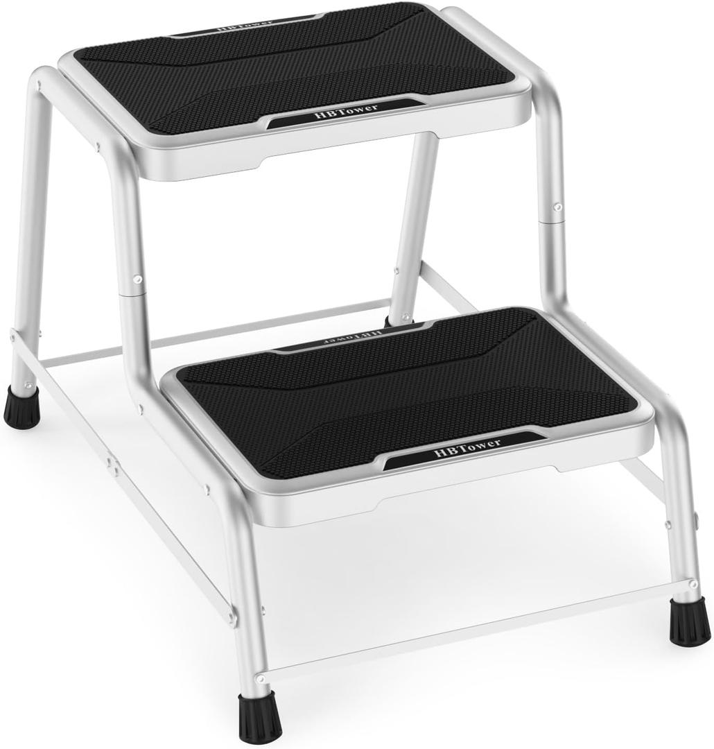 HBTower 2 Step Stool, Stepping Stools for Adults Kids with Non-Slip Rubber Feet, Heavy Duty Step Stools for Bedroom Kitchen Bathroom, Bed Steps for High Beds (Two)