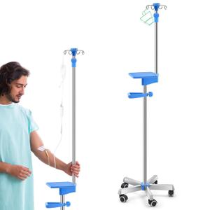 Medical Iv Pole with Wheels, Stainless Steel Adjustable 43.3" to 78.7" Height, Iv Stand with 4 Hook, 5 Caster Base, Tray & Hanging Net for Hospital, Home Infusion Practice and Therapy(Blue,Classic)