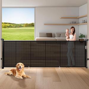 120" Extra Wide Retractable Baby Gates Mesh Gate, Long Retractable Dog Gate for Large Opening, 42" Extra Tall Child Safety Gate Pet Gate with Support Rods for Stairs Hallways Doorways Indoor Outdoor (Black)