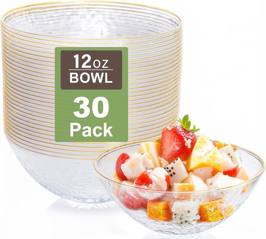 I00000 30 Pack 12 Ounce Clear Plastic Bowls Hammered with Gold Rimmed,Heavy Duty Disposable Bowl Set,Elegant Small Bowls for Party, Weddings, Catering