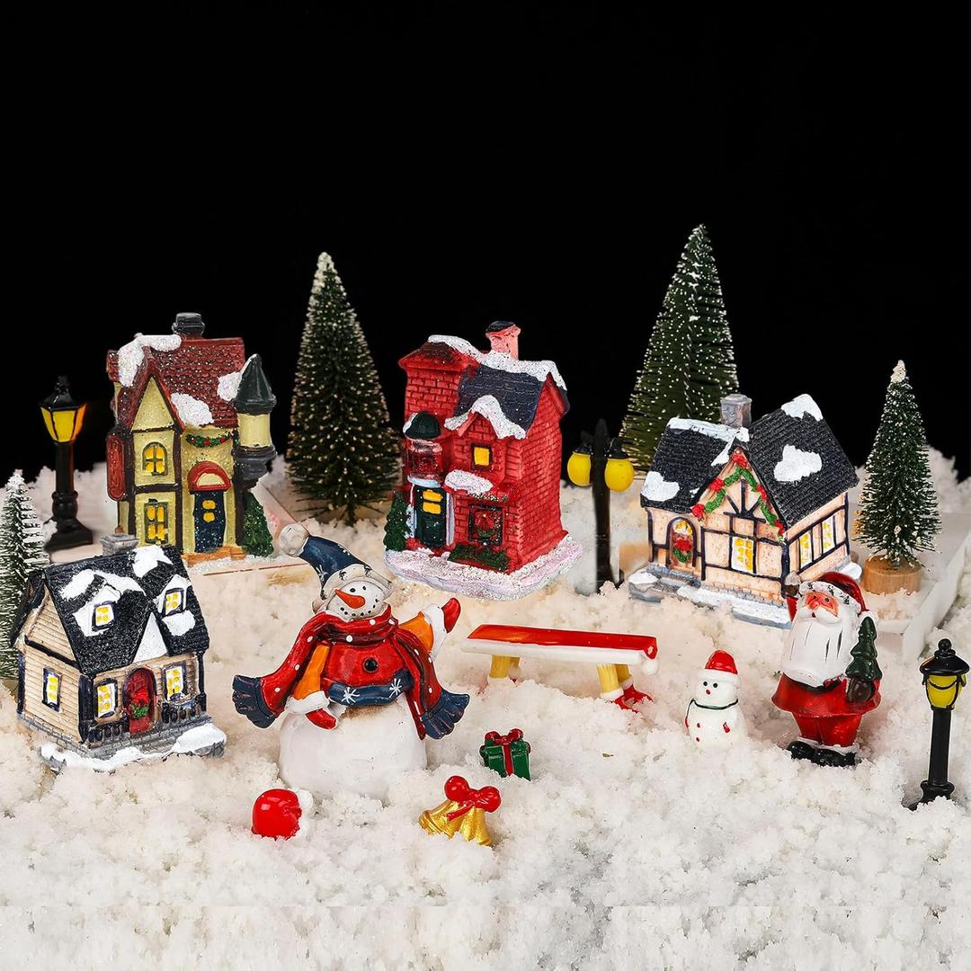 Weysat 19 Pcs Christmas Village Houses Sets Christmas Village Miniature Display Xmas Scene Figurines Trees Snowman Decor Desktop Table Decor Winter Town Scene