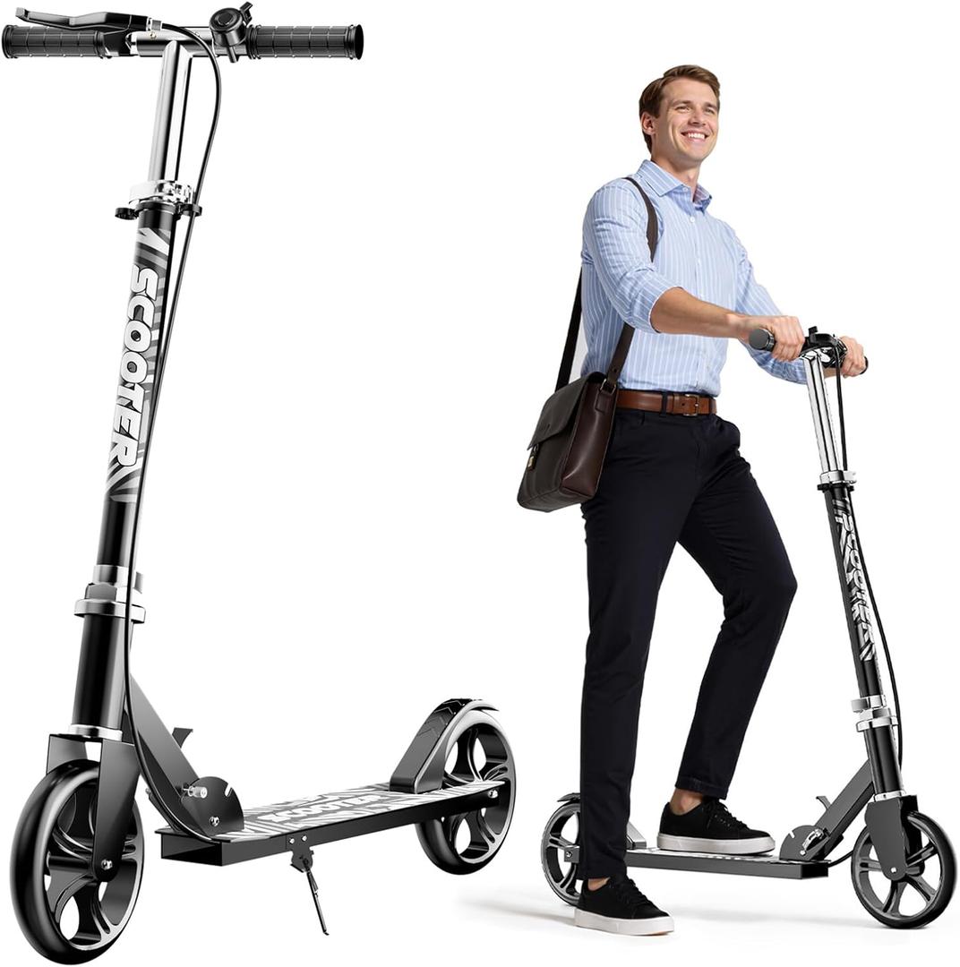 Scooters for Kids 8-12, Teens & Adults - Lightweight, Foldable, 8-Inch Big Wheels, Hand Brake & Bell, 4 Adjustable Height Levels, 240 lbs Max Load, Perfect for School, Campus and Park Rides (Black)