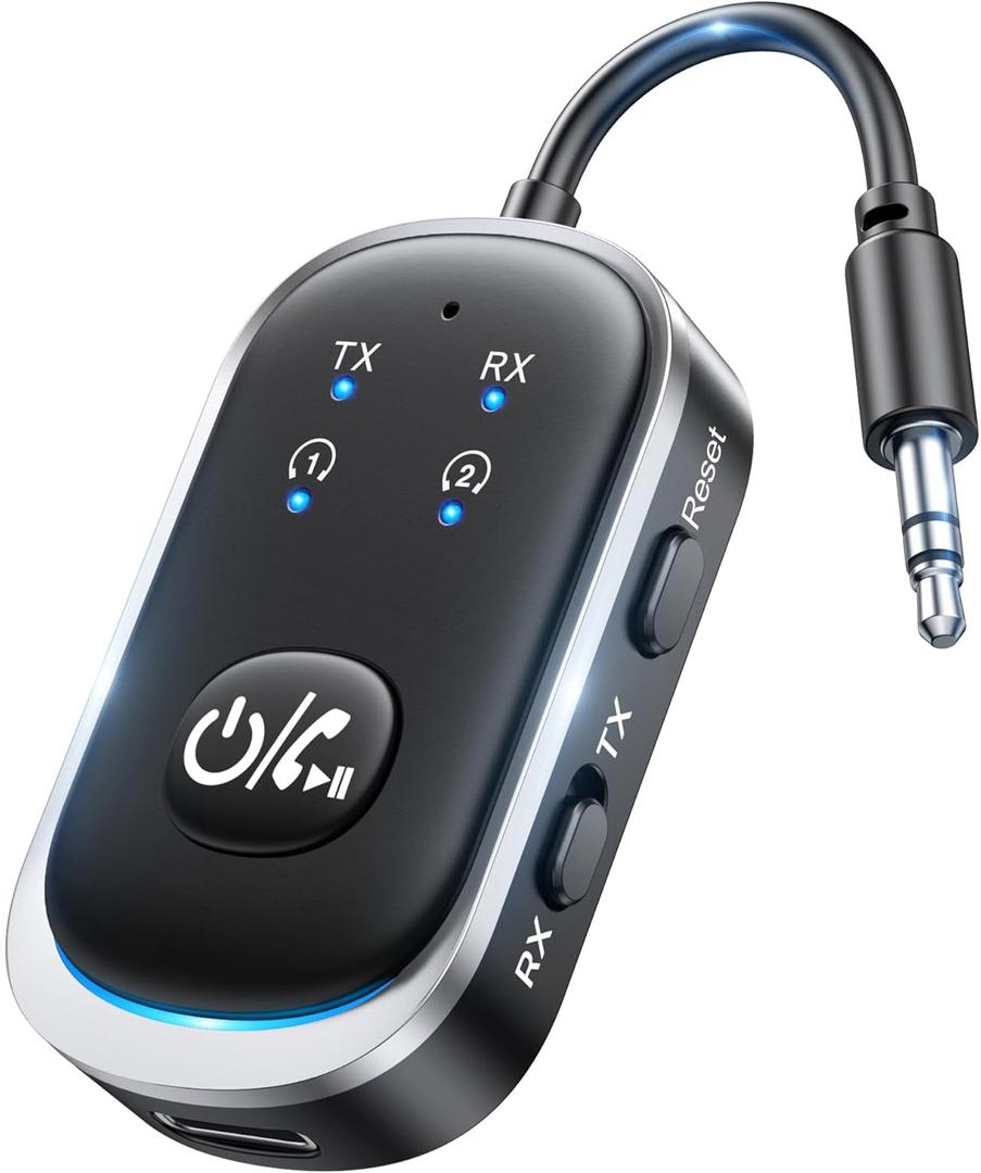 2 in 1 Bluetooth Transmitter Receiver, Wireless Bluetooth 5.3 Adapter - Dual Pairs for AirPods, All Headphones, Use with 3.5mm Aux Audio Jack on Airplane, Home/Car Stereo, Gym, iPad/Tablets