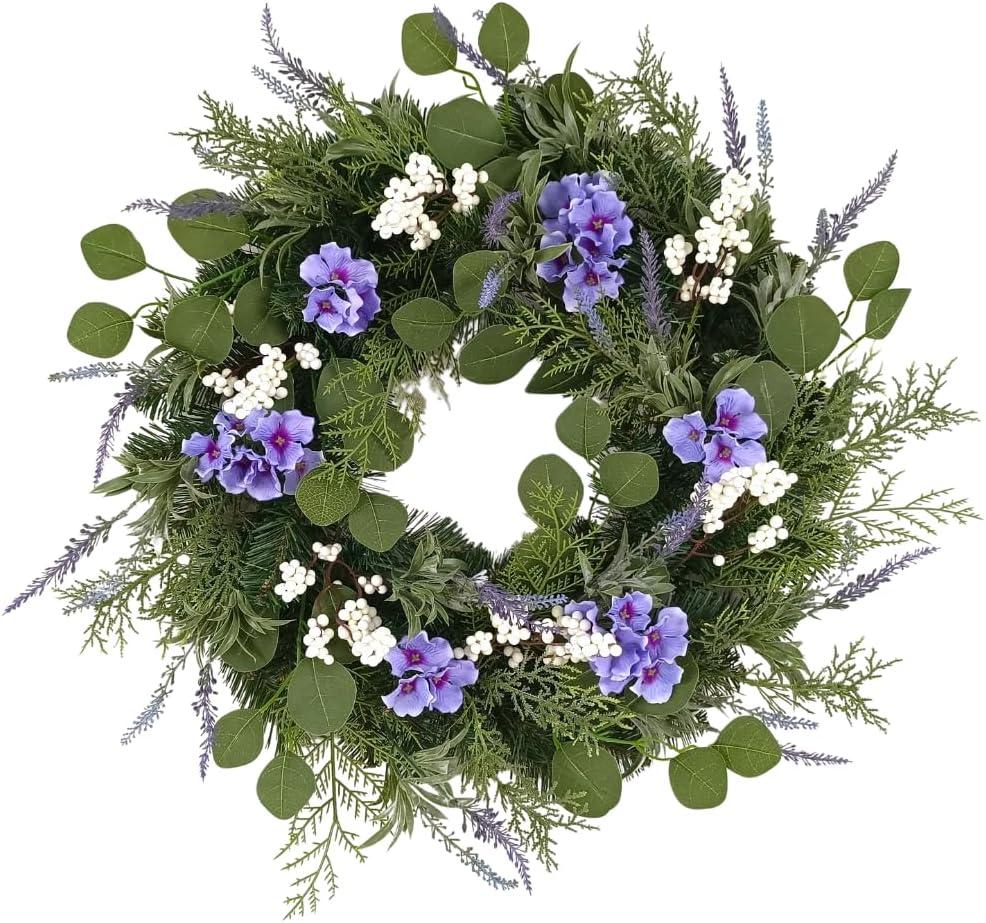 24 Inches Artificial Floral Wreath + 2 Extra Spray! Lavender, Purple Hydrangea, White Berries and Greenery! Blue and White Wreath