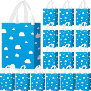Locmeo 24 Pcs 8 x 4 x 10 Inch Toy Party Blue Sky White Clouds Gift Bags with Handles Reusable Non Woven Blue and White Cartoon Themed Candy Bags for Girl Boy Birthday Baby Shower Party