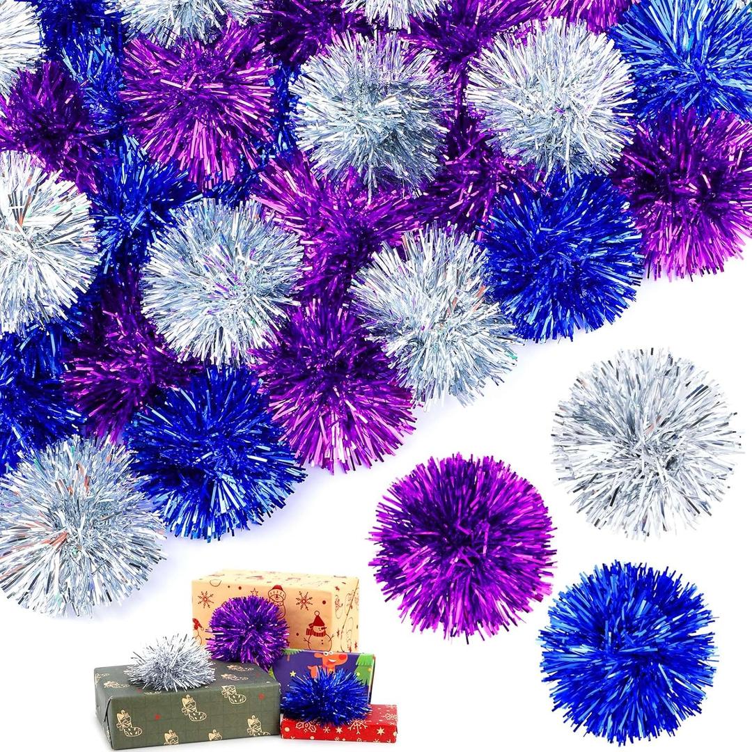 Yunlly 40 Pcs 4 Inch Christmas Tinsel Bows for Gift Wrapping Self Adhesive Pom Poms Colored Tinsel Bows for Crafts Present Baskets Christmas Tree Decoration (Purple, Silver, Blue)