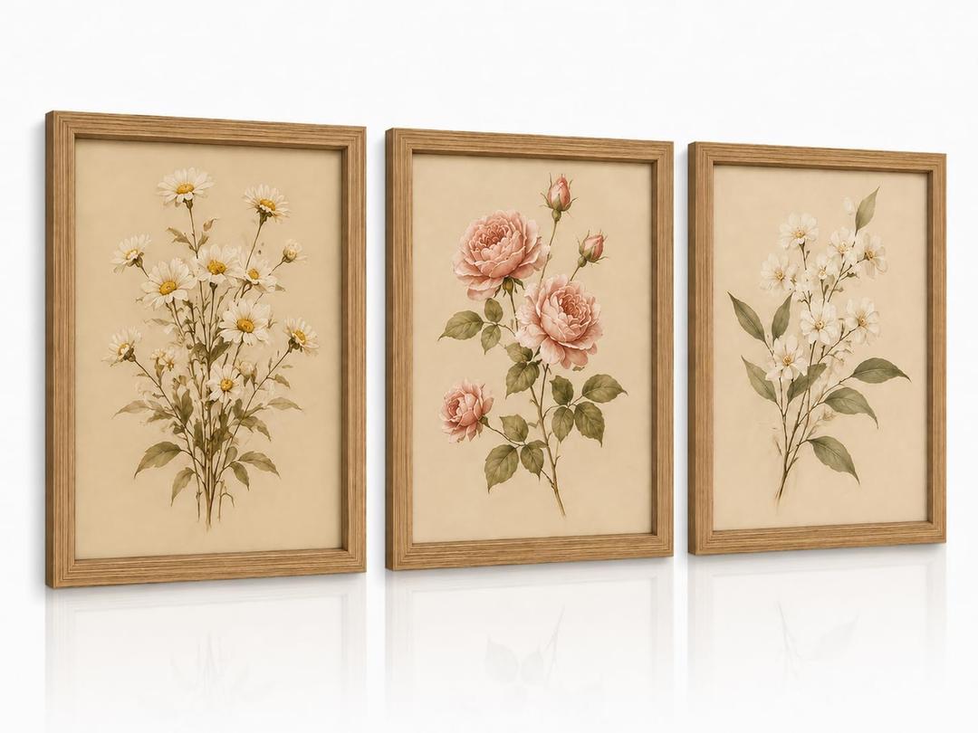 Floral Botanical Framed Canvas Wall Art Prints Set of 3 16x24 Inch