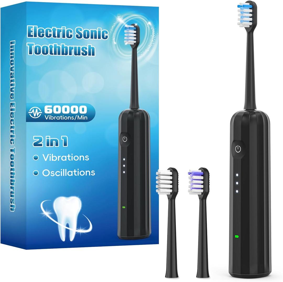 2 x 2025 New Sonic Electric Toothbrush for Adults - Vibration 60,000 VPM & 73 Oscillation Rechargeable Electric Toothbrush, 50+ Days Battery Life, 3 Modes, 2-Minute Timer, 3 Brush Heads, Black
