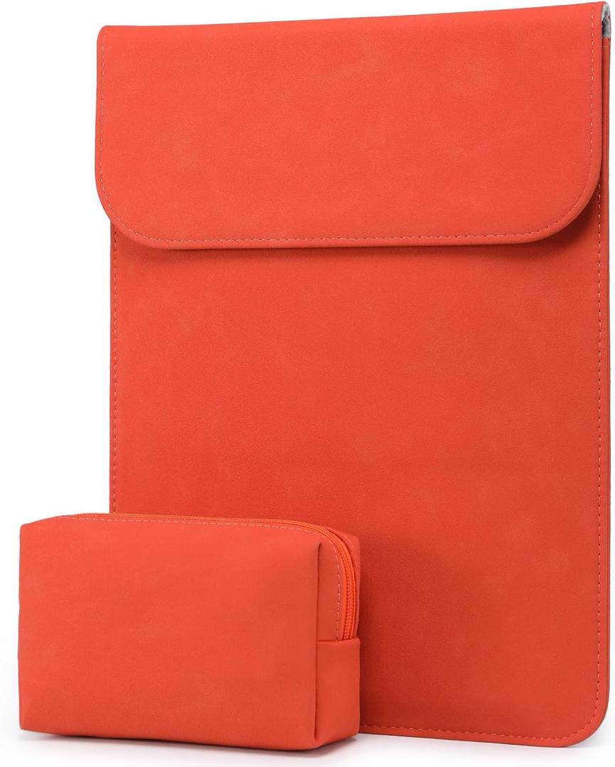 HYZUO 15-16 Inch Laptop Sleeve Compatible with MacBook Pro 16 M3/M2/M1 Pro/Max A2991 A2780 A2485 A2141 2024-2019, MacBook Pro 15 2012-2015, XPS 15, Faux Suede Leather Case with Small Bag, Orange