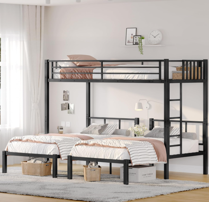 Metal Triple Bunk Bed with Ladder and Guardrails.Separable for Bedroom, No Box Spring Needed (Black 0, Twin XL Over Twin & Twin)