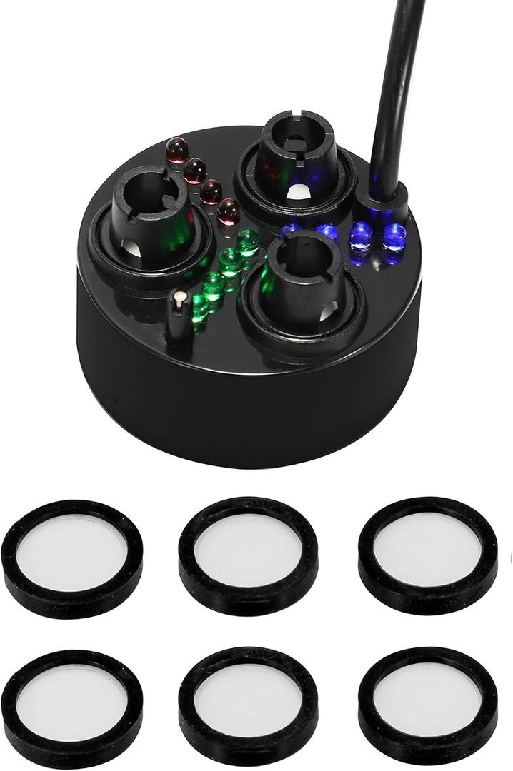 Mxmoonant 3 Head Ultrasonic Mist Maker LED Pond Fogger 1500ml/H Halloween Mister with 6 Ceramic Discs for Water Pond Aquarium Rockery Sink Black Plastic
