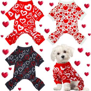 Weewooday 3 Piece Valentine's Day Dog Pajamas Dog Bodysuit & Jumpsuit Set, Heart Pattern Puppy Clothes for Puppy & Cat, Size S, fit 3.3-5.5lbs