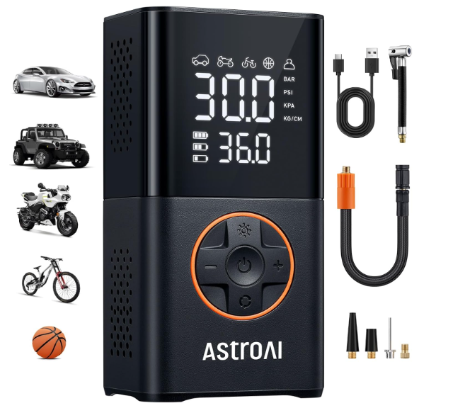 AstroAI L7 Tire Inflator Portable Air Compressor,150 PSI Cordless Mini Air Bike Auto Shut-Off Pump with Digital Display Pressure Gauge, Fast Inflation & LED Light for Car Tires,Motorcycles,Bikes,Balls