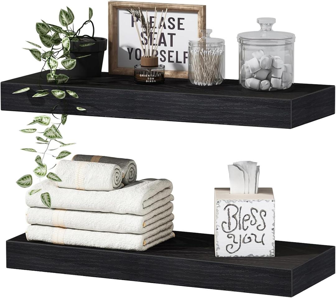 QEEIG Bathroom Floating Shelves for Wall - 15.7" Wall Mounted Shelf Over Toilet Farmhouse Home Decor Display Bookshelf Small 15.7 x 6.7 inch Set of 2, Black (008-40B)