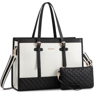 LOVEVOOK Women's Canvas Laptop Tote, 17.3 inch, Large Capacity Work Bag with Clutch Purse, Computer Bag Office Business Briefcase, Casual Handbag for Travel College Teacher School (A-black & White)