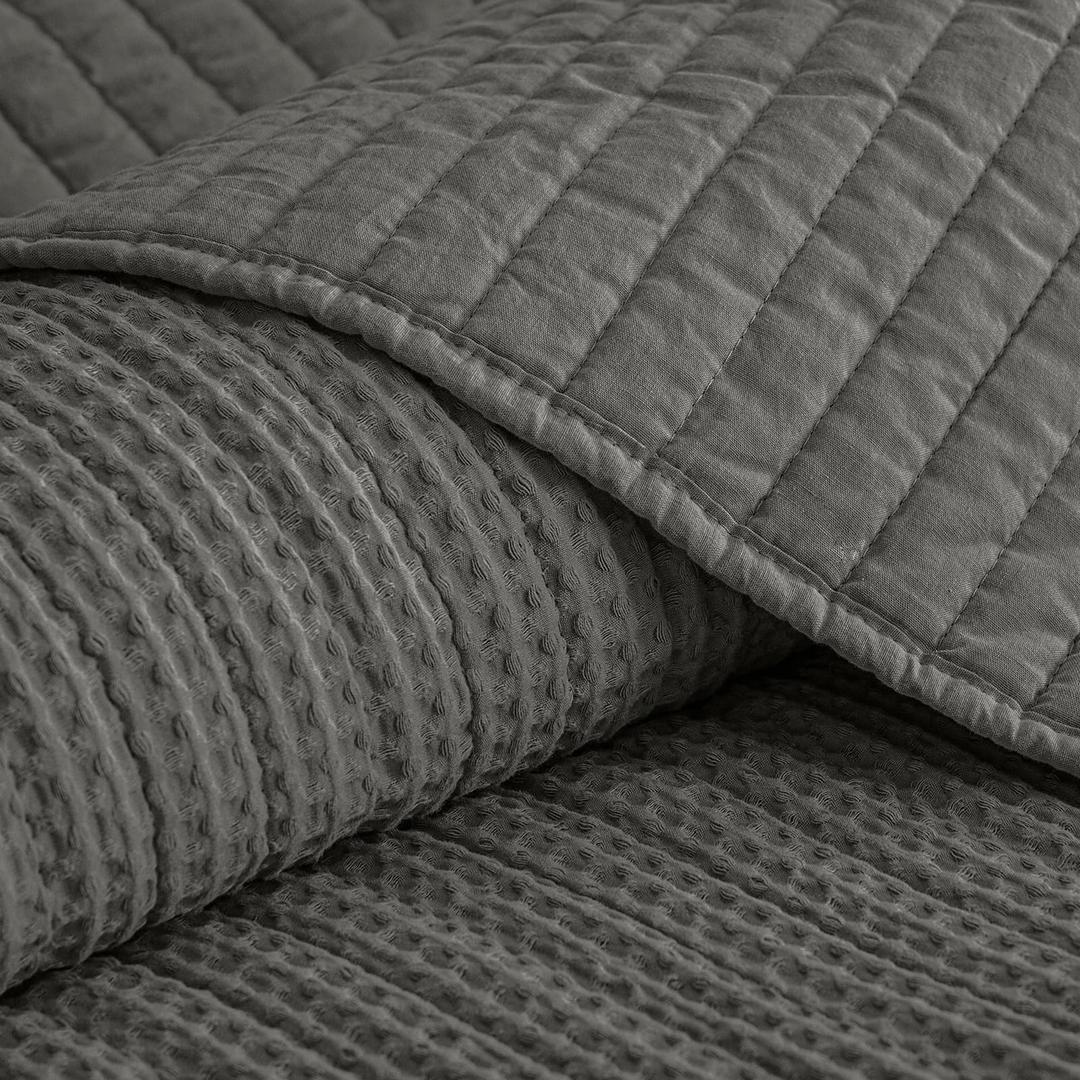 PHF 100% Washed Cotton Waffle Quilt Set Queen Size(90"x90")-Lightweight with Striped Channel, Cozy Quilted Bedspread Set, Home Decor, 1 Soft Coverlet with 2 Matching Shams, Charcoal Grey