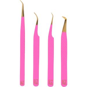 M LASH Tweezers for Eyelash Extensions (Set of 4) - Professional Lash Extension Tweezers - Fiber Tip, Japanese Steel, Diamond Grip Eyelash Extension Tweezer (Pink)