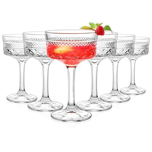 6 Pcs Ribbed Coupe Glasses, 10 oz Vintage Cocktail Coupe Glasses Set, Unique Martini Glass, Classic Galssware, Bar Drinking Glasses Set Pefect for Cocktail, Wine, Champagne & Gift