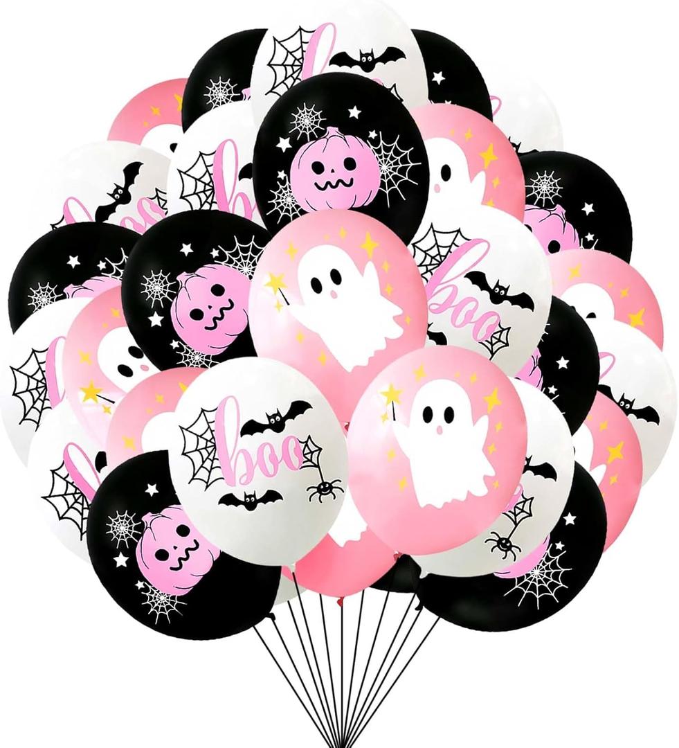 2 x Happy Halloween Balloons, Pink White and Black Latex Balloons with Cute Ghost, Pink Pumpkin, Black Bat Designs for Party Favors, Baby Shower, Halloween Birthday Party Decorations (Wsj04)