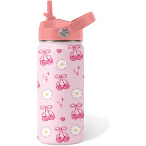 Cherry Gifts for Kids - 16oz Pink Kids Water Bottle with Straw Lid, Stainless Steel Insulated Tumbler, Leakproof, BPA-Free, for Girls, School, Travel - Cherry Lovers Children Birthday Gift Cup (1pc)
