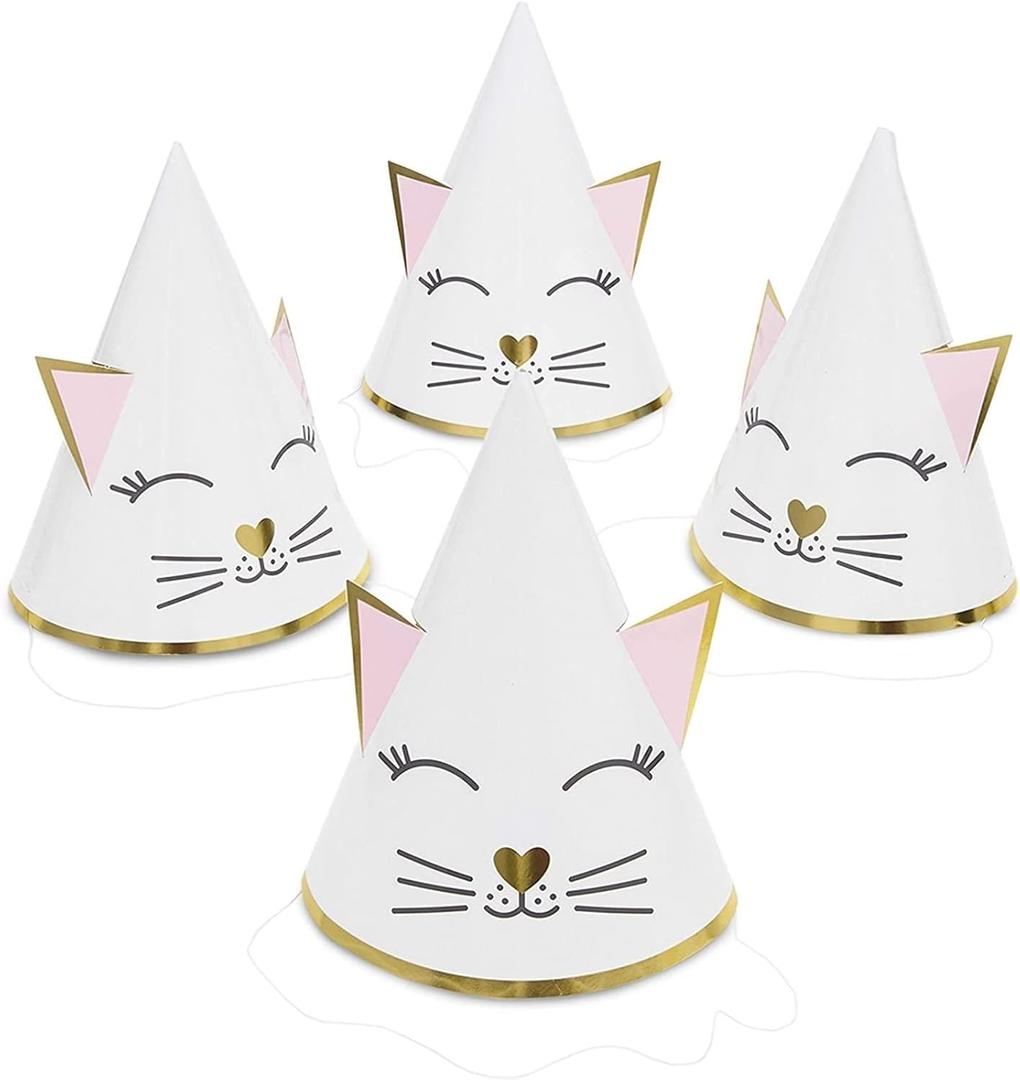 Sparkle and Bash Cat Birthday Decorations Party Hats - 24 Pack, White & Pink, 4.5 x 7 in Adjustable Cone Hats - Cat Themed Birthday Party Decorations for Kids & Adults