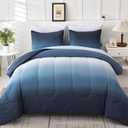 Gradient Blue White Comforter Set King Size 7 Pieces Ombre Navy Blue Bed in a Bag Complete Bedding Set - Breathable Solid Ocean Sea Blue Bed Sets with Flat/Fitted Sheet, 2 Pillowcases, 2 Pillow Shams