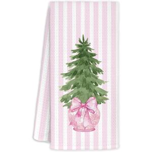 Pink Chinoiserie Christmas Kitchen Towels, Coquette Bow Christmas Tree Hand Towels for Bathroom, Preppy Grandmillennial Xmas Striped Decorative Dish Tea Towel, 16x24 Inch