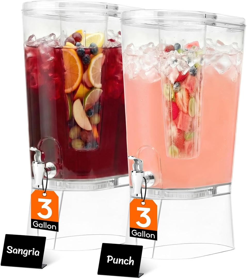 Lifewit 3 Gallon Drink Dispenser for Parties, Large Plastic Beverage Container with Fruit Infuser & Leak-Proof Spigot, BPA Free Water Pitcher for Juice/Tea/Lemonade - Ideal for Bar & Outdoor, 2 Pcs