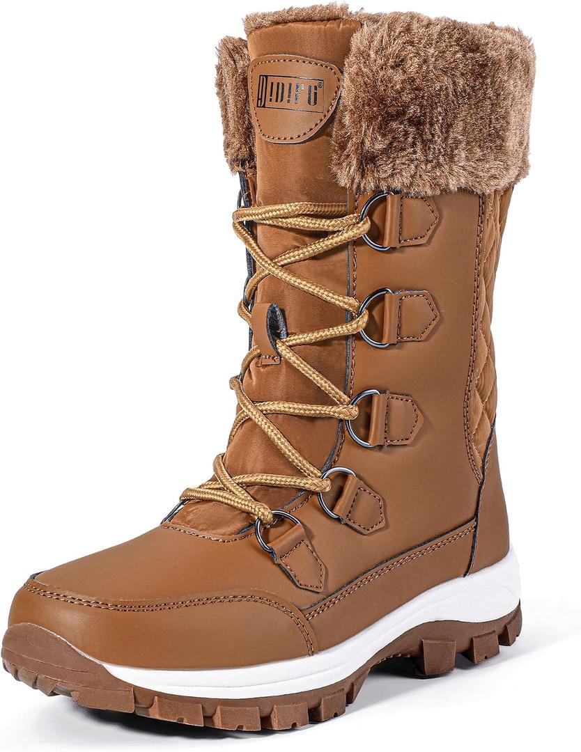 IDIFU Snow Boots Winter Boots for Women Waterproof Comfortable Warm Insulated Non-Slip Outdoor Boots Fashion Hiking Walking Lightweight Lace Up Faux Fur Lined Brown Mid-Calf Booties(Brown, 9)