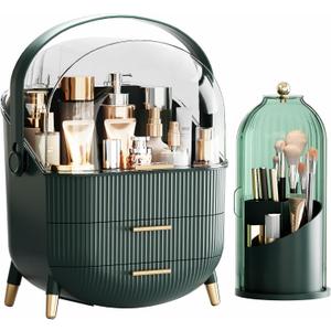 fanado Makeup Organizers Countertop, Makeup organization for Vanity, Cosmetic Storage with Lid and Drawers, Skincare Display Cases with for Desktop, Bathroom (Green)