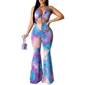 Remelon Womens Spaghetti Strap Halter Tie Dye Print Cut Out Bodycon Bell Flare Pants Club Party One Piece Jumpsuits Rompers Medium