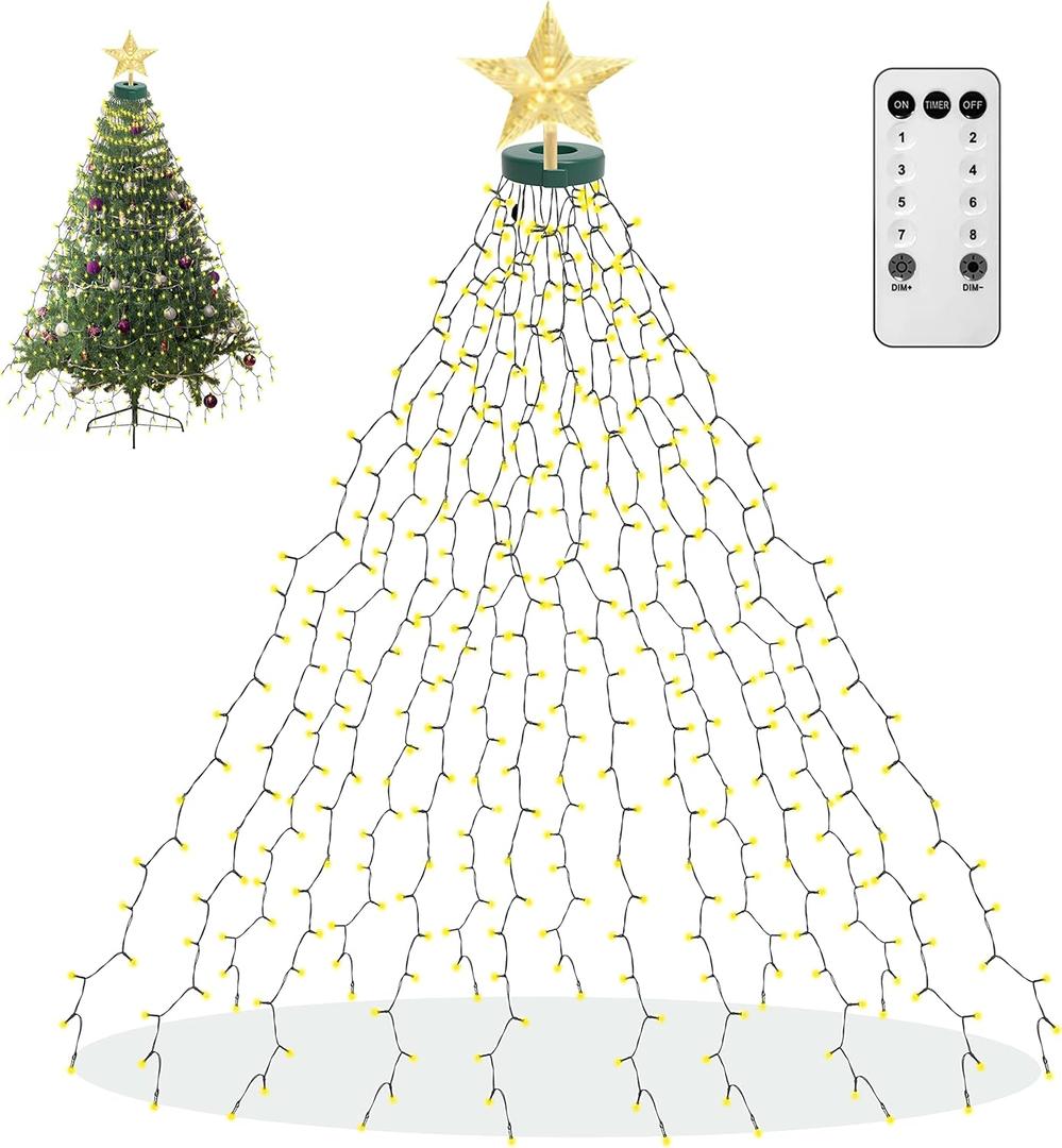 aneeway Christmas Tree Lights with Star Toppers, 410 LED Christmas Lights with 8 Modes & Memory Function, 6.6FT x 16 String Lights with Remote Control & Timing for Xmas Ornaments - Warm White