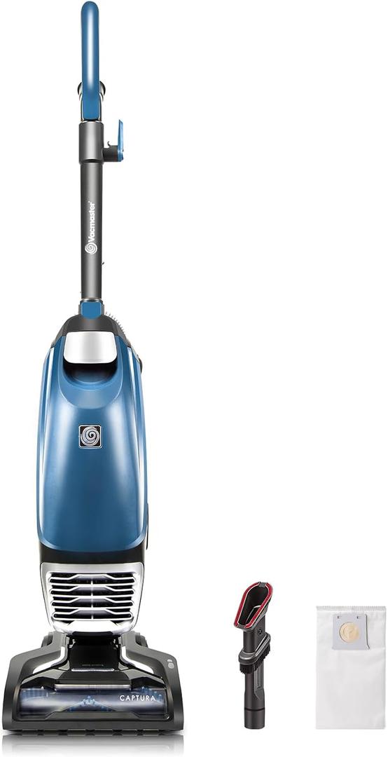 Vacmaster UB0302E Bagged Upright Vacuum Lightweight Cleaner 2-Motor Power Suction with HEPA Filtration, LED Headlight for Pet Hair, Carpet and Hardwood Floor, Blue