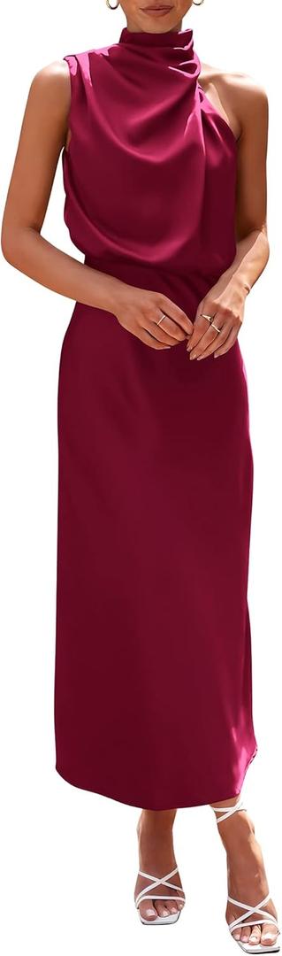PRETTYGARDEN Women's 2026 Summer Satin Dress Elegant Sleeveless Mock Neck Cocktail Party Maxi Dresses (Deep Red)