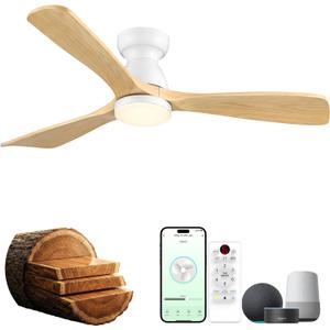 52 inch Smart Flush Mount Ceiling Fan with Lights,Outdoor Low Profile Wood Ceiling Fan with lights Works with App&Alexa/Gg Voice Control&Remote,Quiet DC Motor for Covered Patio Porch,Nature Wood