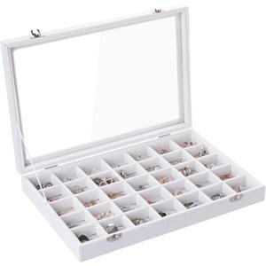 Velvet Jewelry Tray,35 Grid Jewelry Organizer with Clear Lid,Earring Holder Organizer Case with Clasp,Drawer Insert for Rings Studs,13.8 x 9.5 x 2 Inches,Gift for Women Girls(White)
