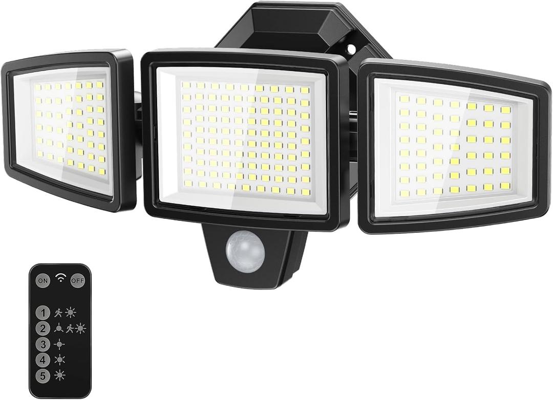 LED Security Lights Motion Sensor Outdoor Lights, 6500K Daylight, IP65 Waterproof, Dusk to Dawn, 3-Head Motion Detected Flood Light for Garage, Yard, Porch (1 Pack, Black 01)
