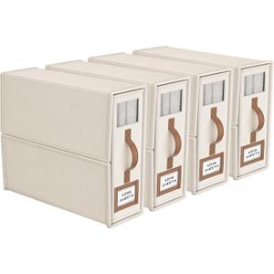 BigPonPon 4 Pack Foldable Bed Sheets Set Organizers and Storage(King & Queen Size), Linen Fabric Closet Organizers with Window, Folding Bedding Storage Box for Bedsheets and Pillow Cube Organizer-Beige