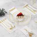 BESTVIP 700PCS Clear Gold Disposable Dinnerware Set for 100 Guests, Plastic Plates for Party, Wedding, Christmas, Include: 200 Plastic Plates, 100 Gold Silverware, 100 Cups, 100 Napkins