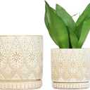 8 Inch + 6 Inch Indoor Plant Pot with Drainage Holes and Saucers, Ceramic Planter for Plants, Succulent Orchid Flower Pots (Creamy White)