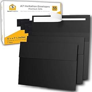 55 5x7 Black Invitation Envelopes - For 5x7 Cards - A7 - (5 ¼ x 7 ¼ inches) - Perfect for Weddings, Graduation, Baby Shower - 120 GSM - Peel, Press & Self Seal - Square Flap