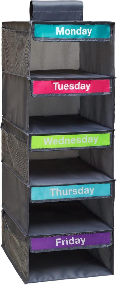 5-Shelf Weekly Clothes Organizer for Kids, Kids Daily Shelf Hanging Closet Organizer with 6 Side Pockets, Days of The Week Hanging Storage Shelves, Grey