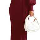 PRETTYGARDEN Women's Fall Knit Pullover Sweater Dress Elegant Long Lantern Sleeve V Neck Winter Maxi Bodycon Dresses (Wine Red)