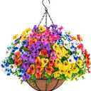 Artificial Hanging Flowers with Baskets for Outdoors, Fake Silk Pansy Flowers UV Resistant Faux Hanging Plants for Front Porch Patio Yard Home Spring Summer Decoration, Multicolor