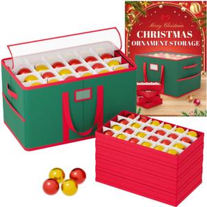Christmas Ornament Storage Box with 4 Trays Top Clear Premium Ornaments Storage Box Fits 96-3'' Holiday Decorations Green Christmas Ornament Storages Container for Holiday Ornament Decoration